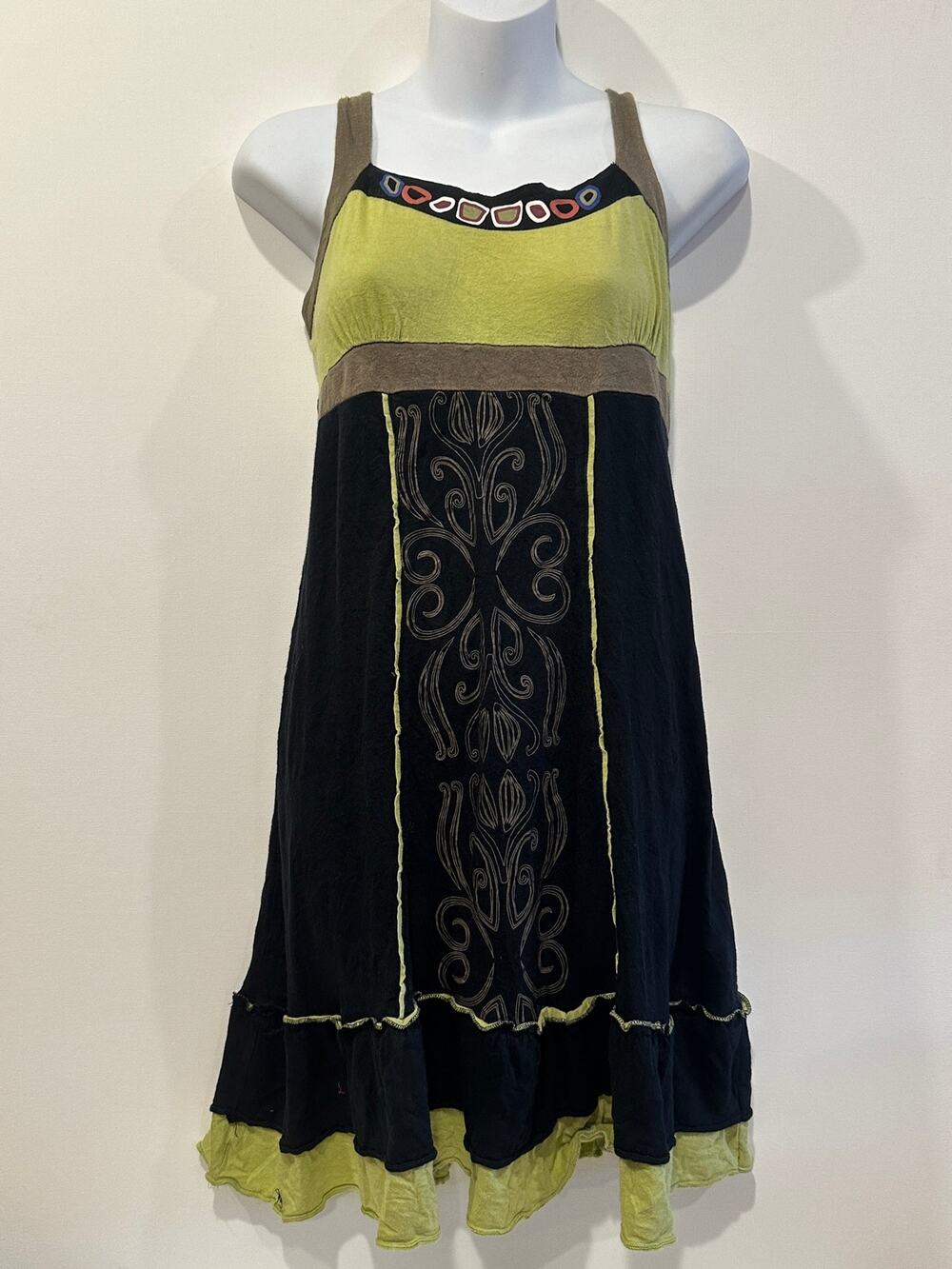 Vintage Coline Chartreuse Green Black Embroidered Ruffle Tiered Sun Dress L